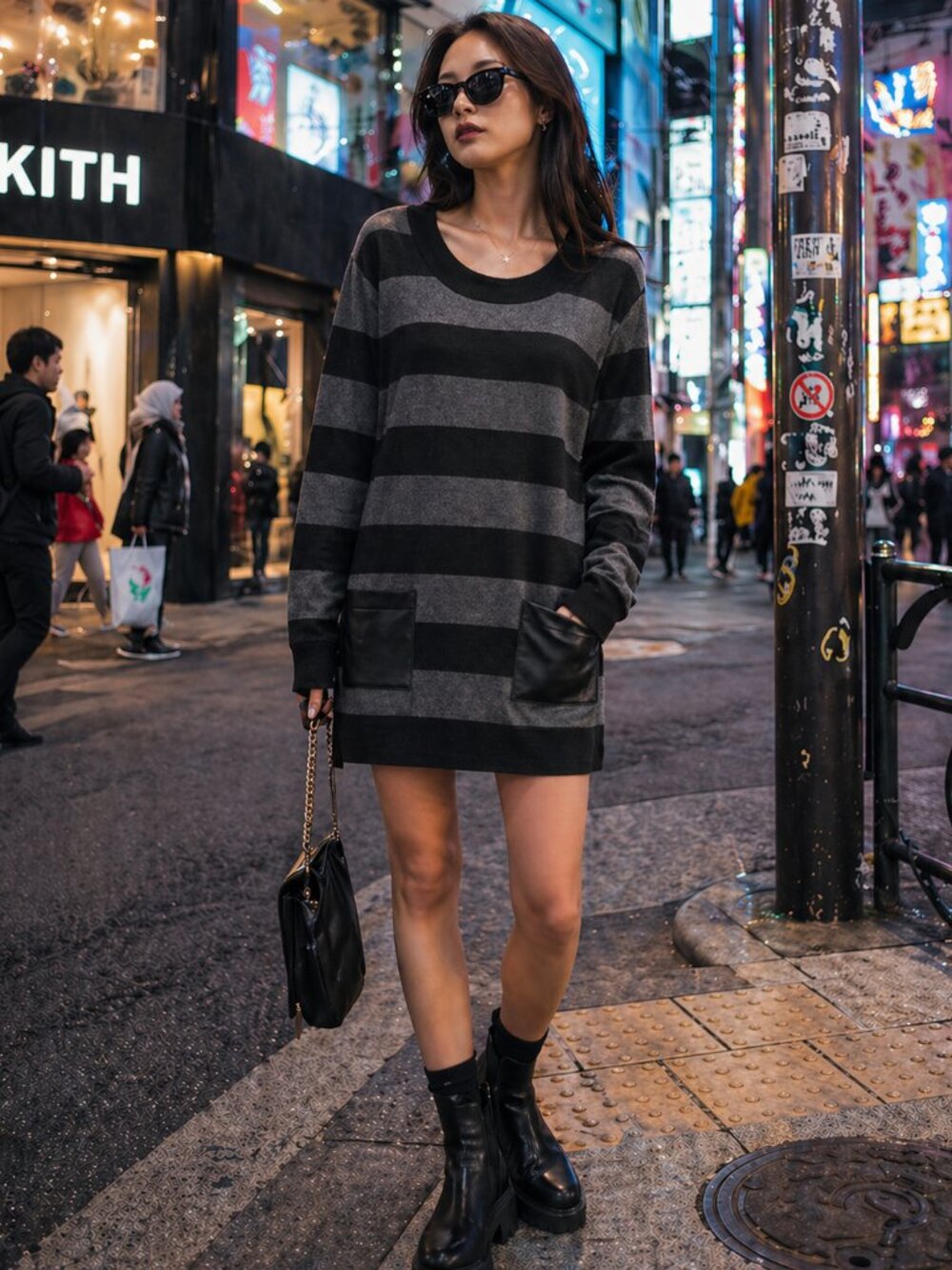Reitmans Black and Gray Striped Crewneck Sweater Dress